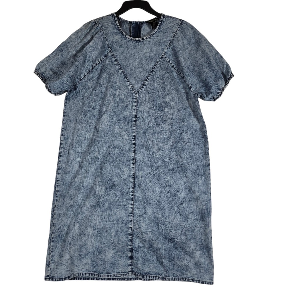 Millenium Mini Dress Womens Medium Blue Acid Wash Chambray Denim Short Sleeve